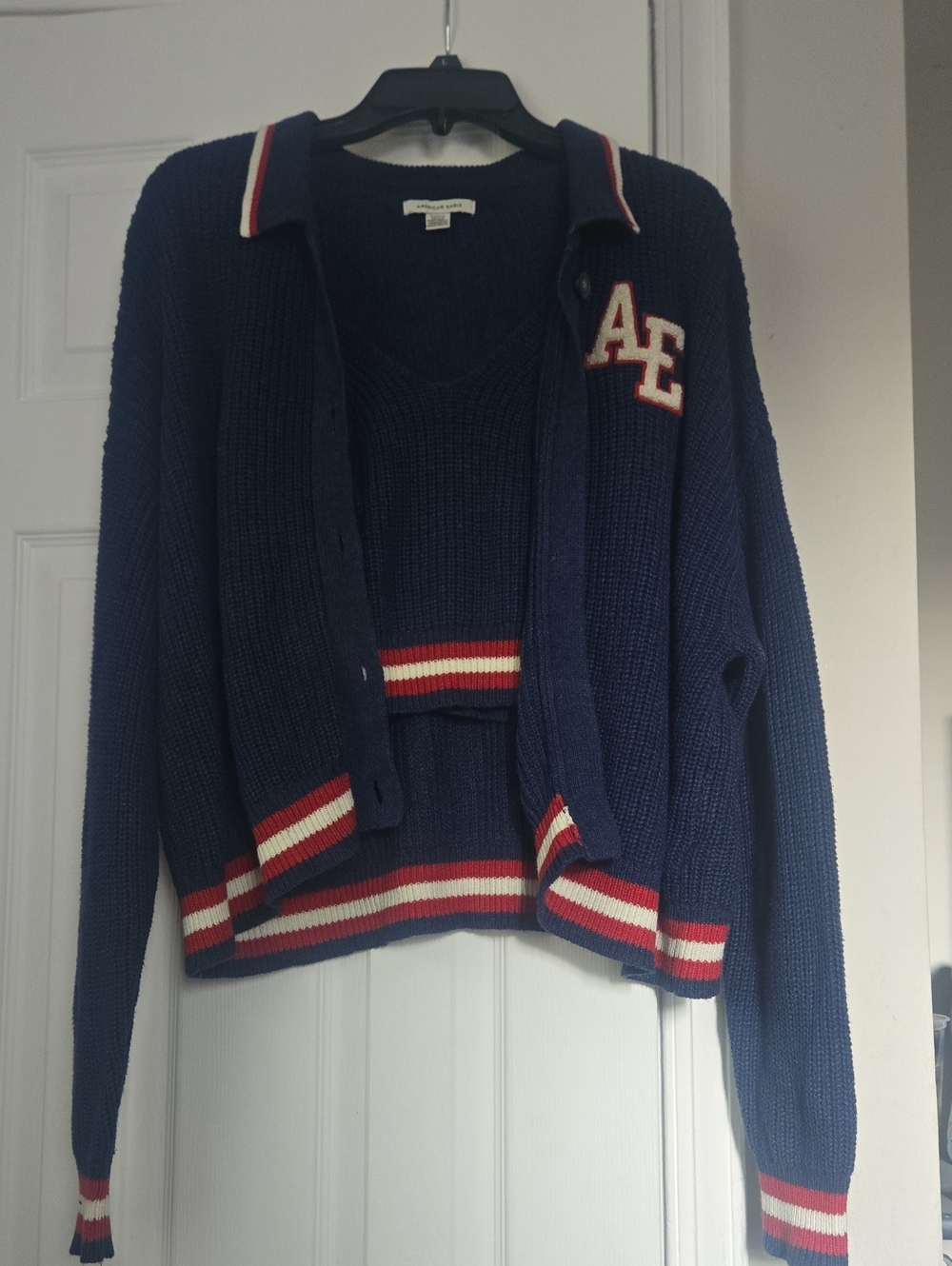 aerie Navy Cropped Cardigan & Tank Set with Red and White Trim